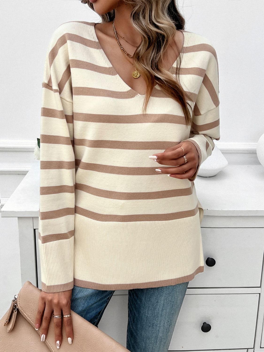 Trendsi Fall Striped V-Neck Long Sleeve Knit Top Striped V-Neck Long Sleeve Knit Top