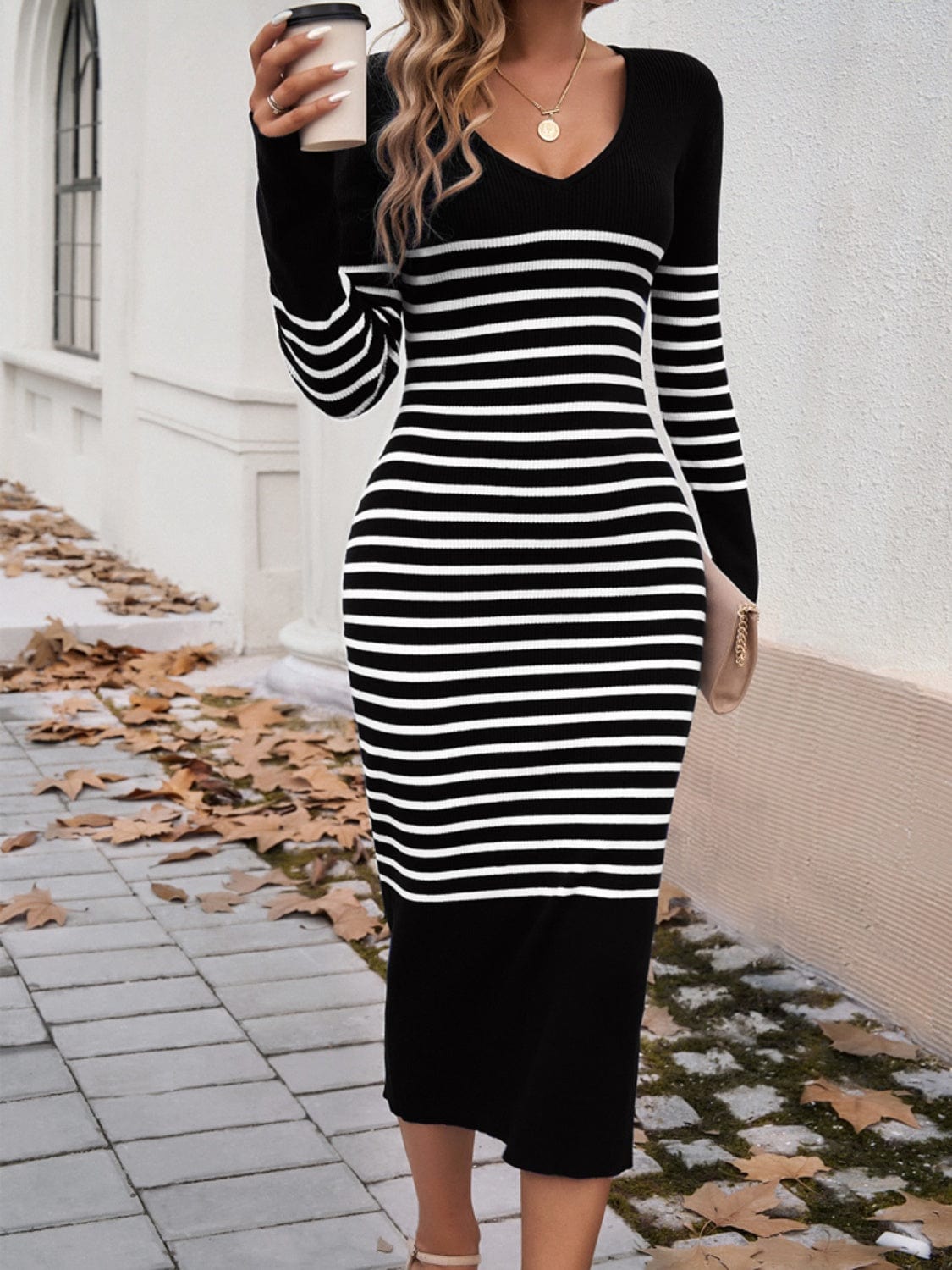 Trendsi Fall Striped V-Neck Long Sleeve Sweater Dress Striped V-Neck Long Sleeve Sweater Dress