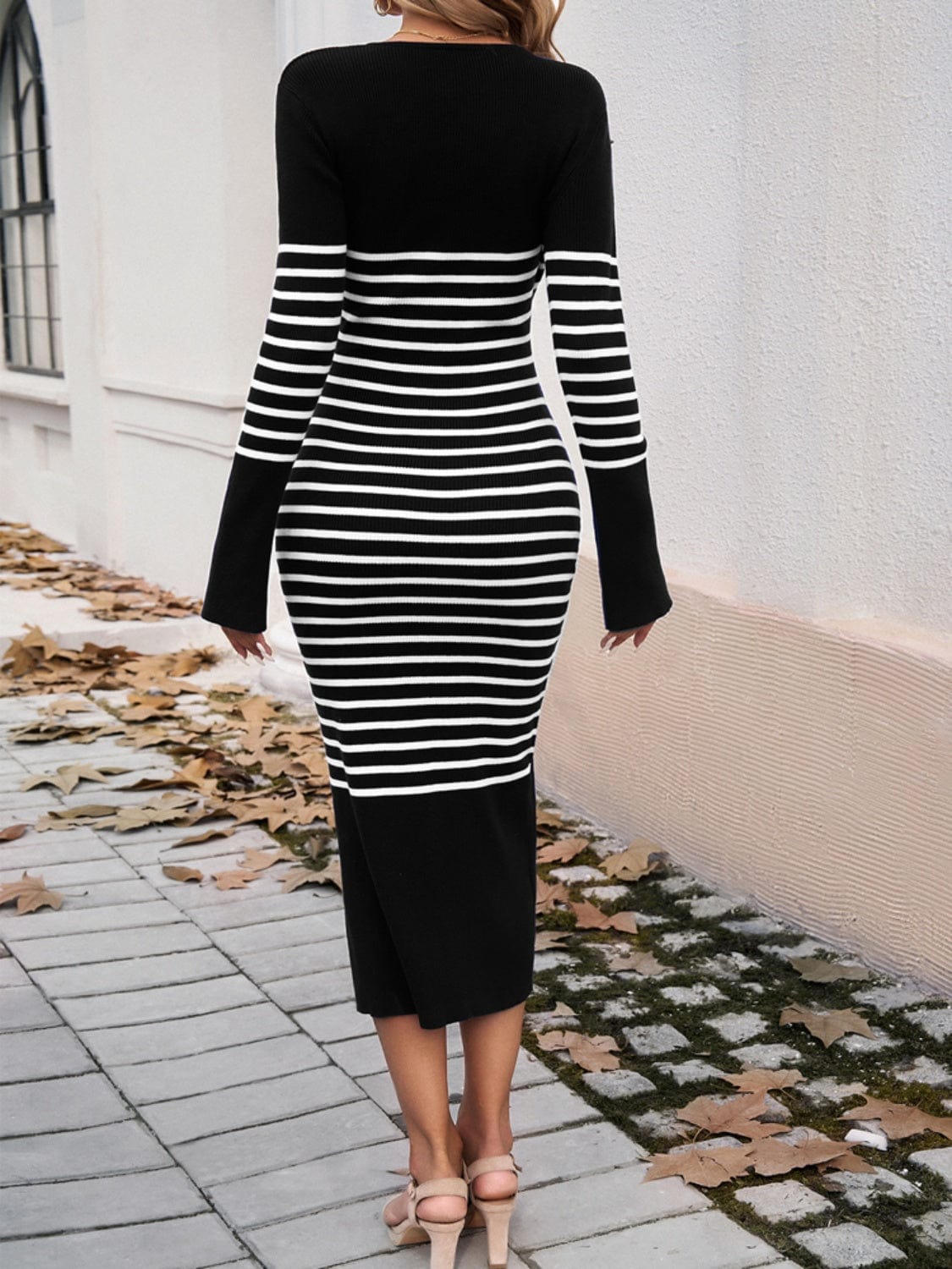 Trendsi Fall Striped V-Neck Long Sleeve Sweater Dress Striped V-Neck Long Sleeve Sweater Dress