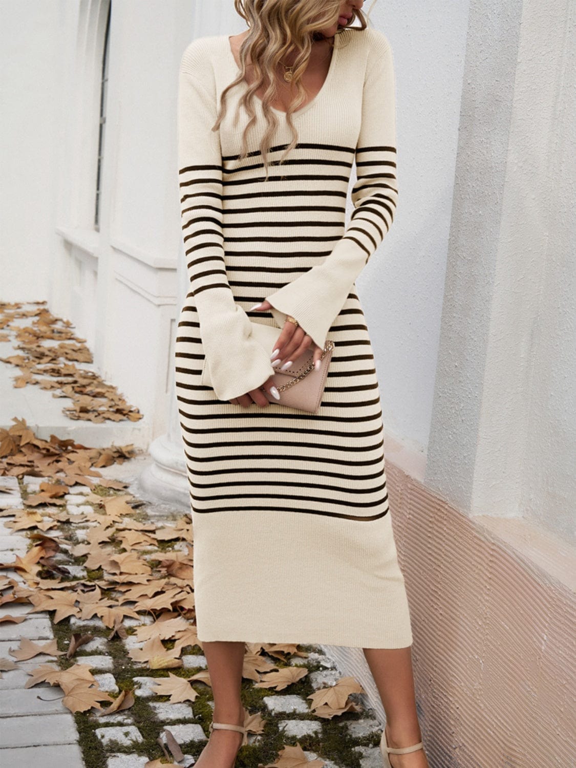 Trendsi Fall Striped V-Neck Long Sleeve Sweater Dress Striped V-Neck Long Sleeve Sweater Dress