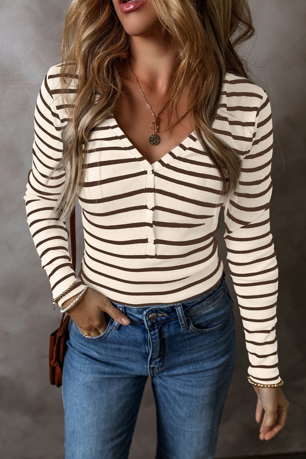 Trendsi Fall Striped V-Neck Long Sleeve Top Striped V-Neck Long Sleeve Top