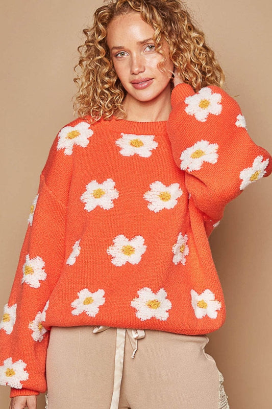 Trendsi Fall Sun Orange / S POL Daisy Pattern Drop Shoulder Sweater POL Daisy Pattern Drop Shoulder Sweater