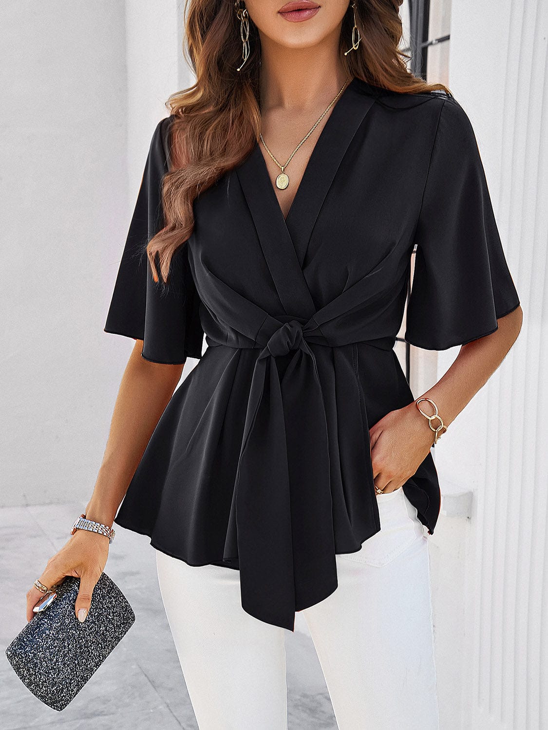 Trendsi Fall Surplice Tie Waist Half Sleeve Blouse Surplice Tie Waist Half Sleeve Blouse