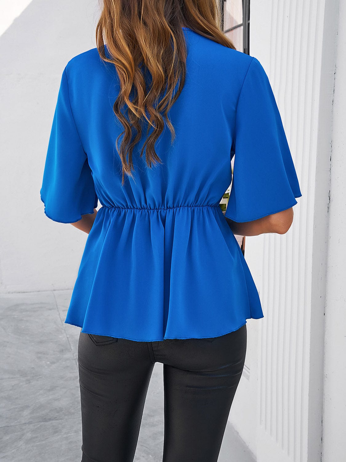 Trendsi Fall Surplice Tie Waist Half Sleeve Blouse Surplice Tie Waist Half Sleeve Blouse