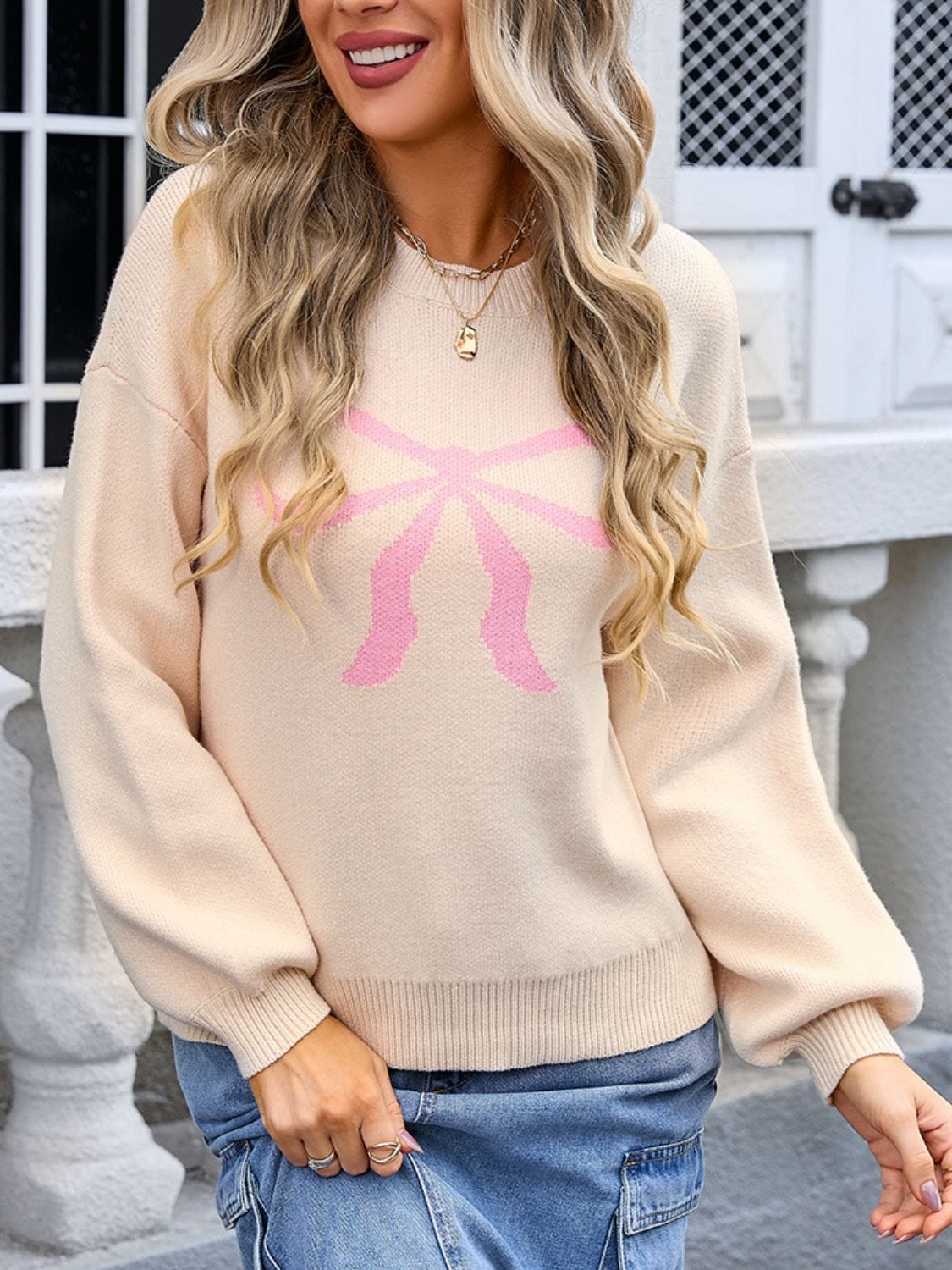 Trendsi Fall Tan / S Bow Graphic Round Neck Long Sleeve Sweater Bow Graphic Round Neck Long Sleeve Sweater