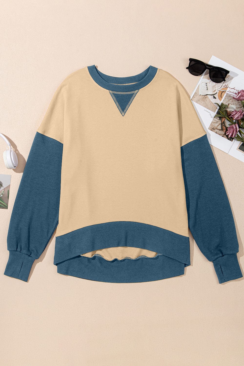 Trendsi Fall Tan / S Contrast Round Neck Long Sleeve Sweatshirt Contrast Round Neck Long Sleeve Sweatshirt