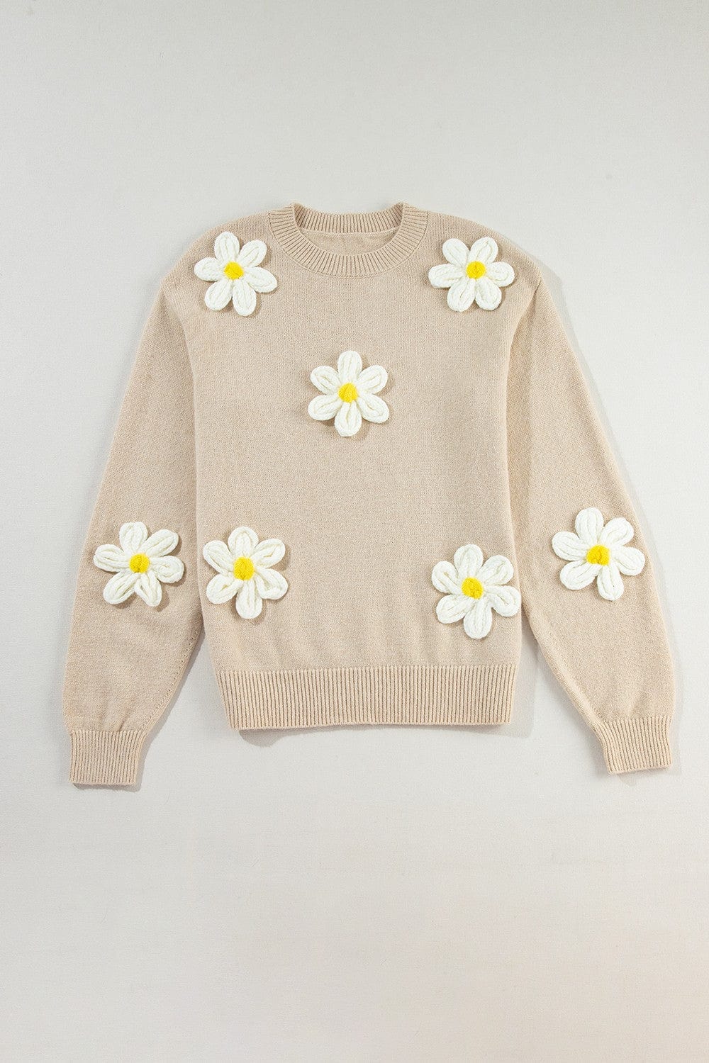 Trendsi Fall Tan / S Crochet Flower Round Neck Long Sleeve Sweater Crochet Flower Round Neck Long Sleeve Sweater