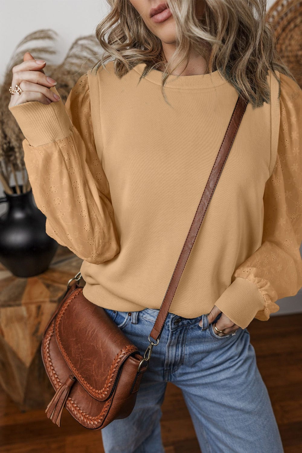 Trendsi Fall Tan / S Eyelet Round Neck Long Sleeve Sweatshirt Eyelet Round Neck Long Sleeve Sweatshirt