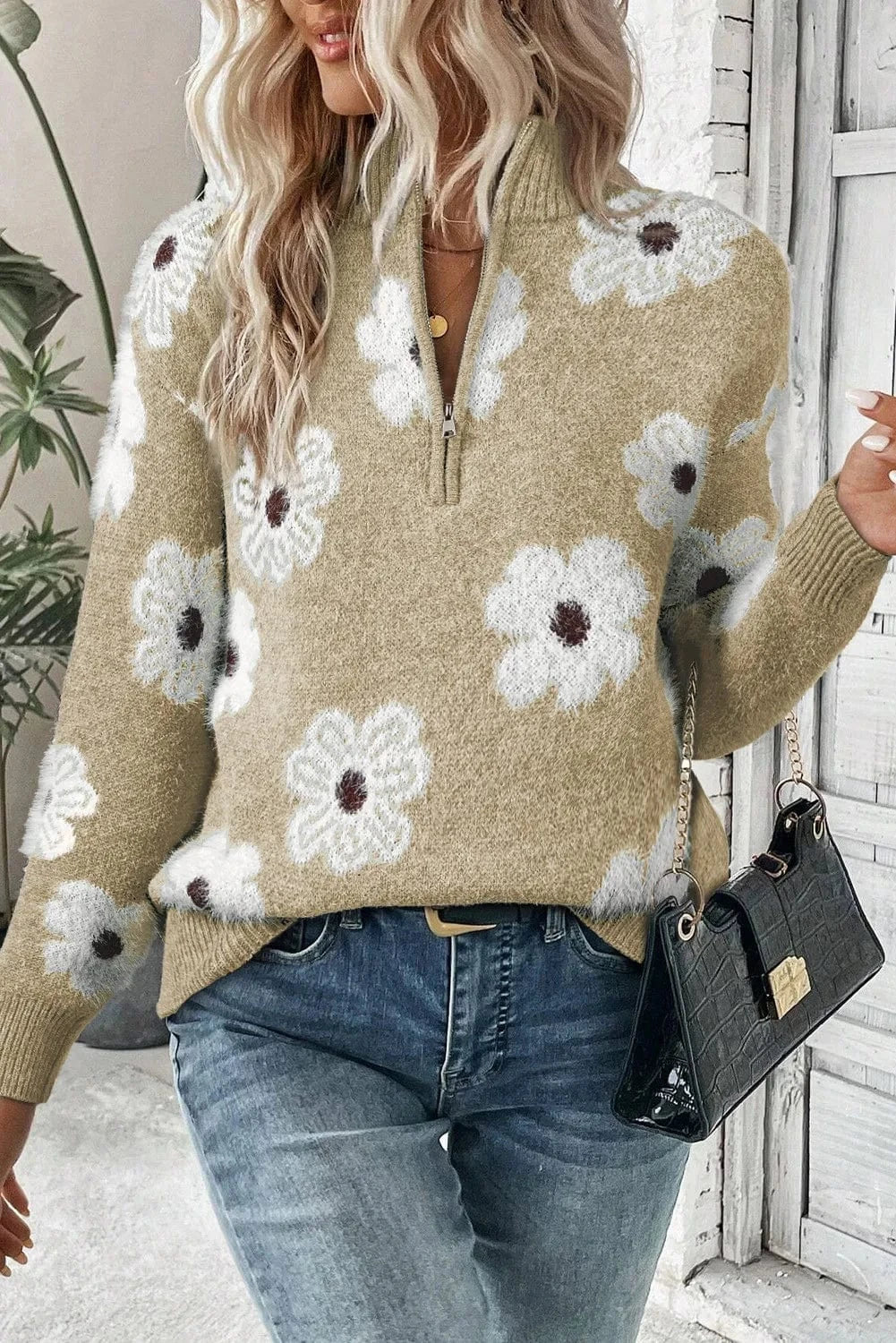 Trendsi Fall Tan / S Flower Half Zip Long Sleeve Sweater Flower Half Zip Long Sleeve Sweater