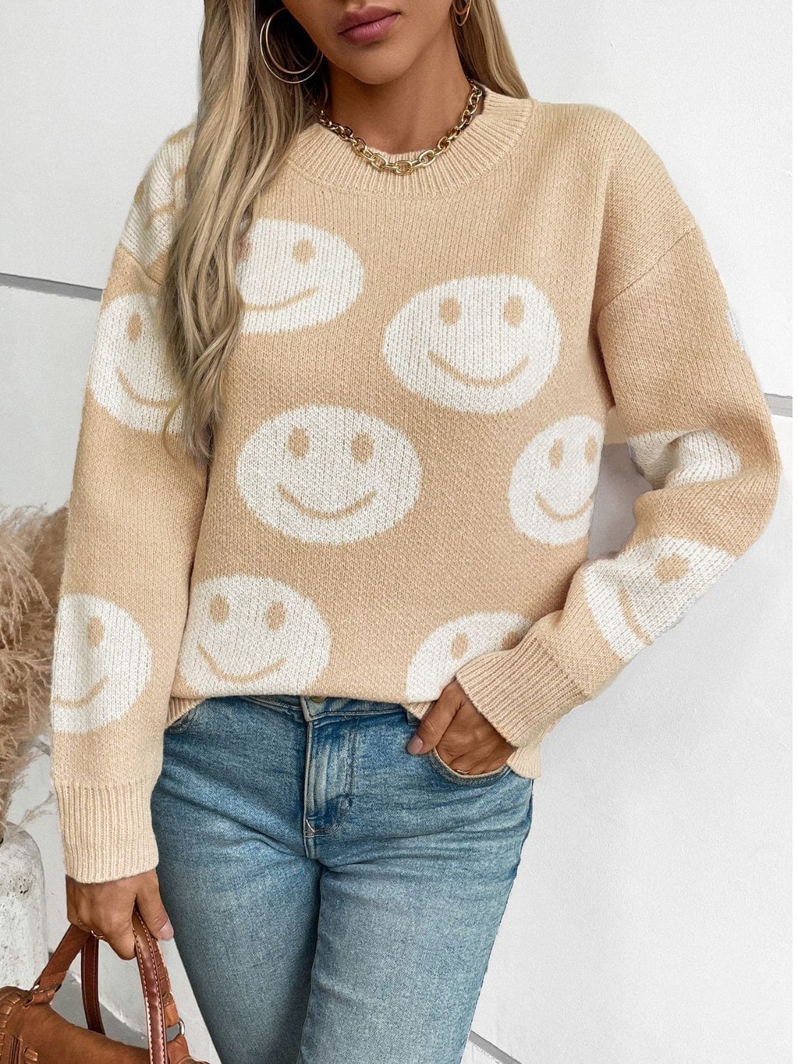 Trendsi Fall Tan / S Smile Pattern Round Neck Long Sleeve Sweater Smile Pattern Round Neck Long Sleeve Sweater