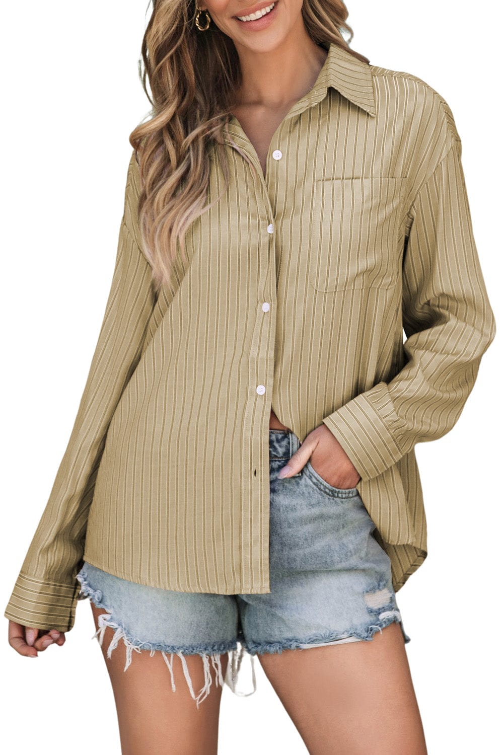 Trendsi Fall Tan / S Striped Button Up Long Sleeve Shirt Striped Button Up Long Sleeve Shirt