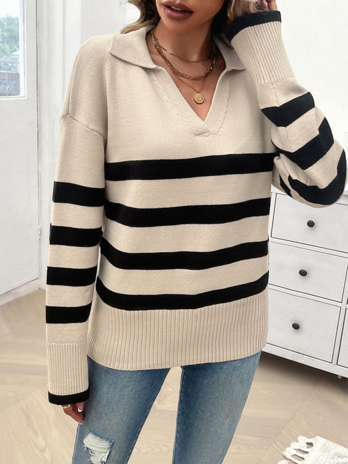 Trendsi Fall Tan / S Striped Collared Neck Long Sleeve Sweater Striped Collared Neck Long Sleeve Sweater