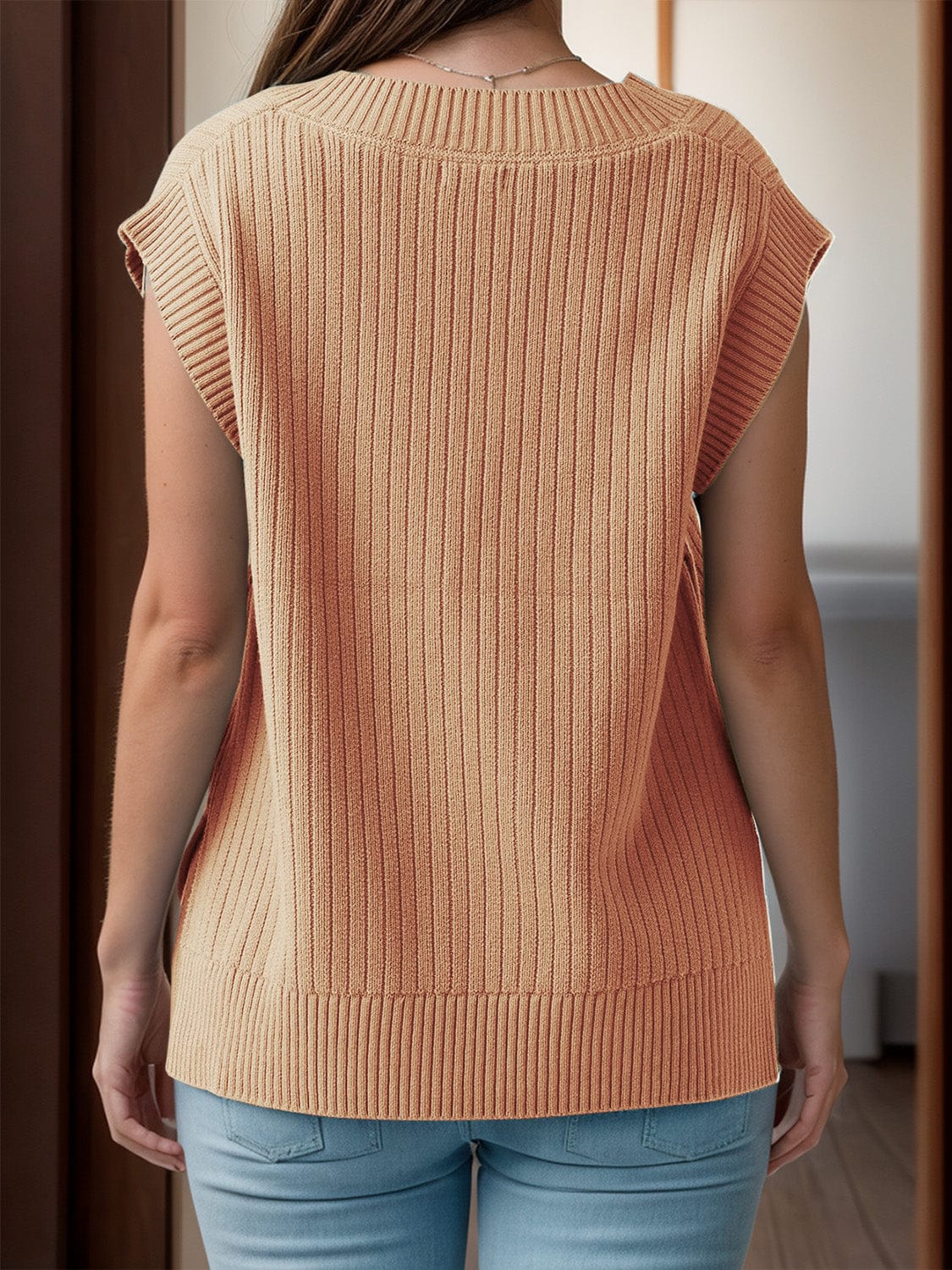 Trendsi Fall Tan / S V-Neck Cap Sleeve Knit Vest V-Neck Cap Sleeve Knit Vest