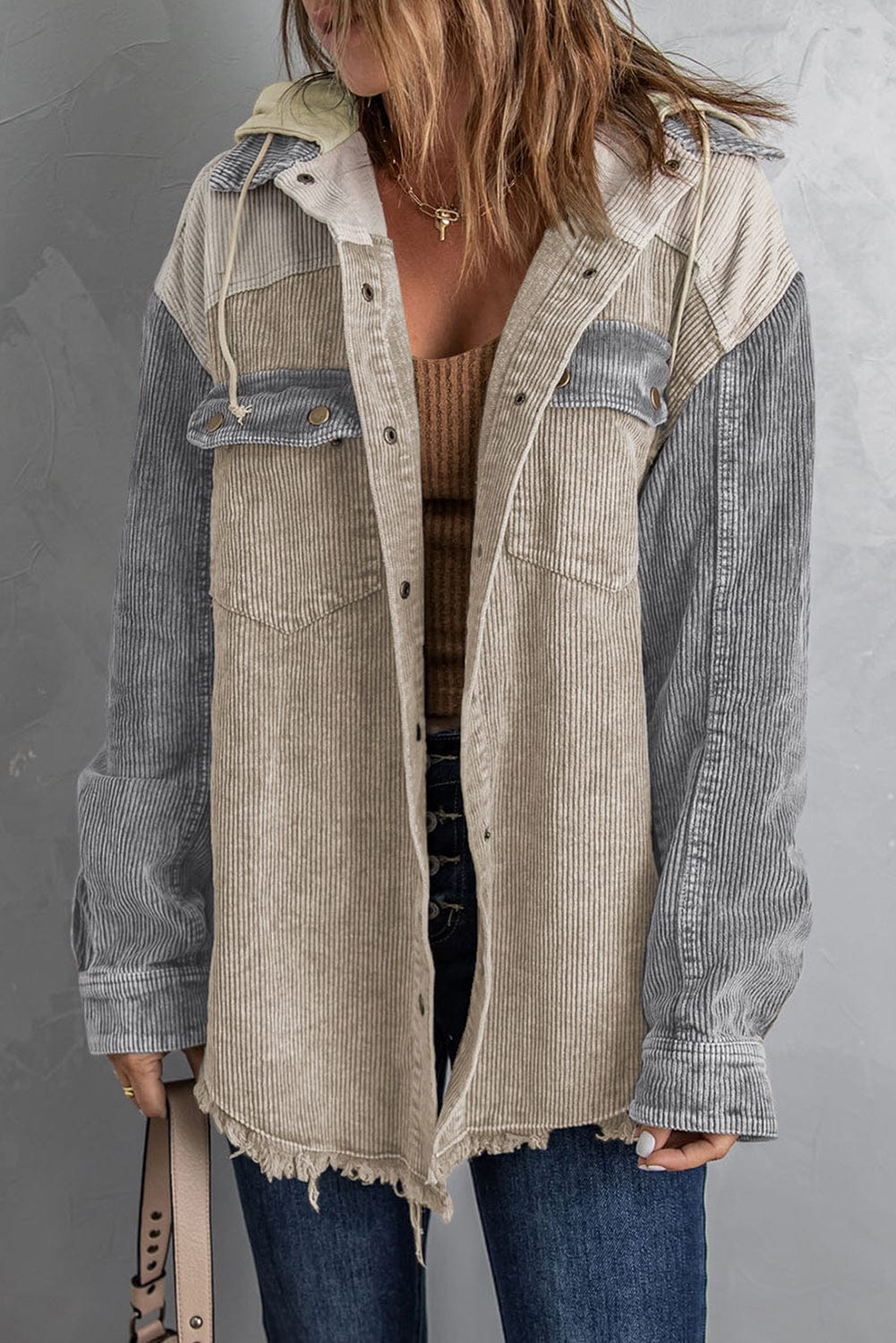 Trendsi Fall Tan / XL Snap Front Hooded Corduroy Shacket Snap Front Hooded Corduroy Shacket