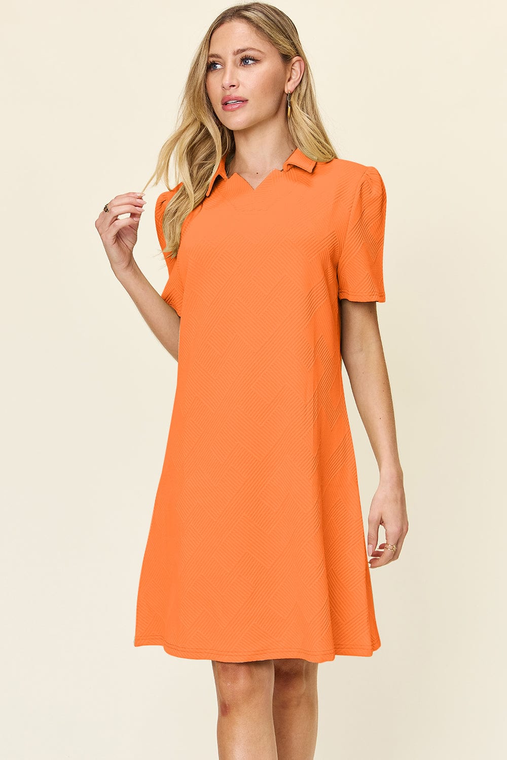 Trendsi Fall Tangerine / S Double Take Full Size Texture Collared Neck Short Sleeve Dress Double Take Full Size Texture Collared Neck Short Sleeve Dress