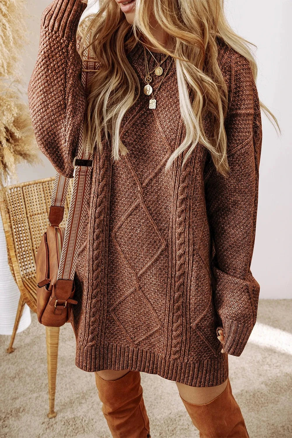 Trendsi Fall Taupe / S Cable-Knit Round Neck Sweater Dress Cable-Knit Round Neck Sweater Dress