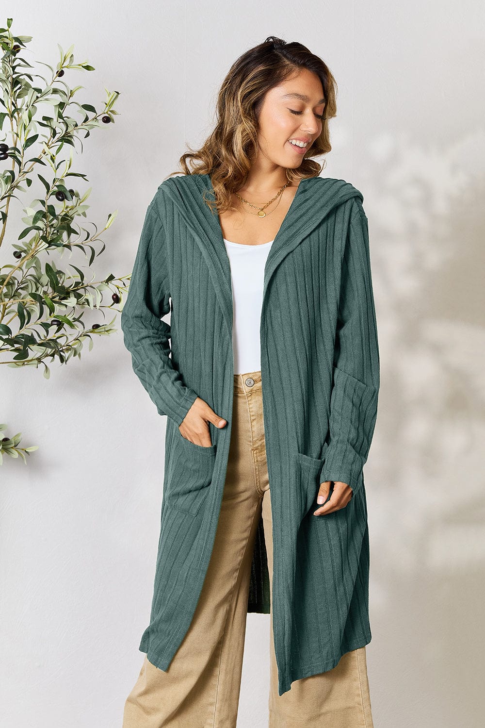 Trendsi Fall Teal / S Basic Bae Full Size Hooded Sweater Cardigan Basic Bae Full Size Hooded Sweater Cardigan