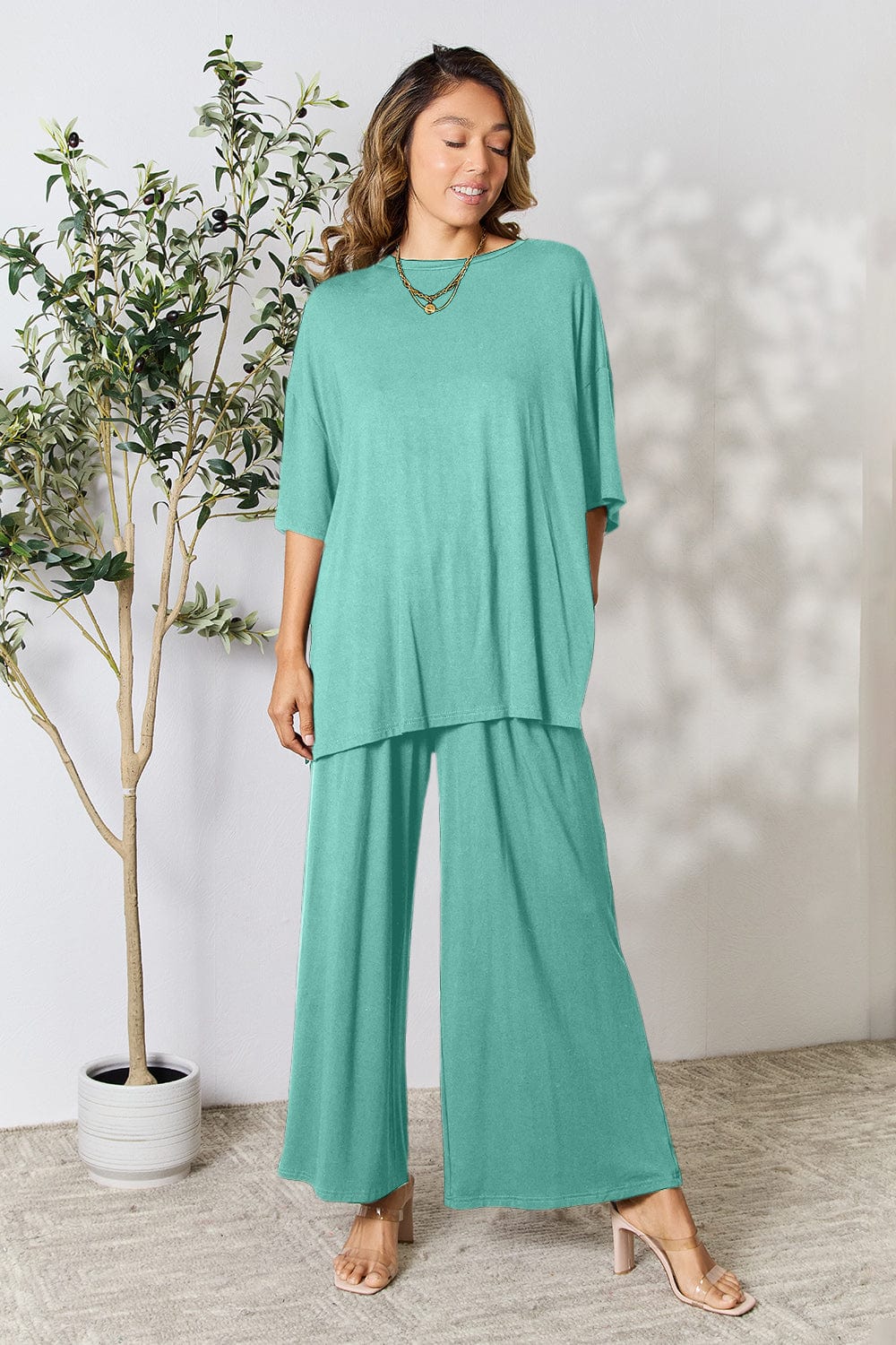 Trendsi Fall Teal / S Double Take Full Size Round Neck Slit Top and Pants Set Double Take Full Size Round Neck Slit Top and Pants Set