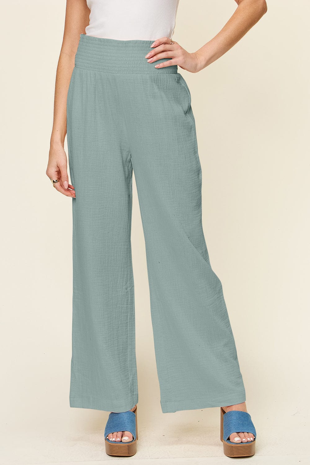 Trendsi Fall Teal / S Double Take Full Size Texture Smocked Waist Wide Leg Pants Double Take Full Size Texture Smocked Waist Wide Leg Pants