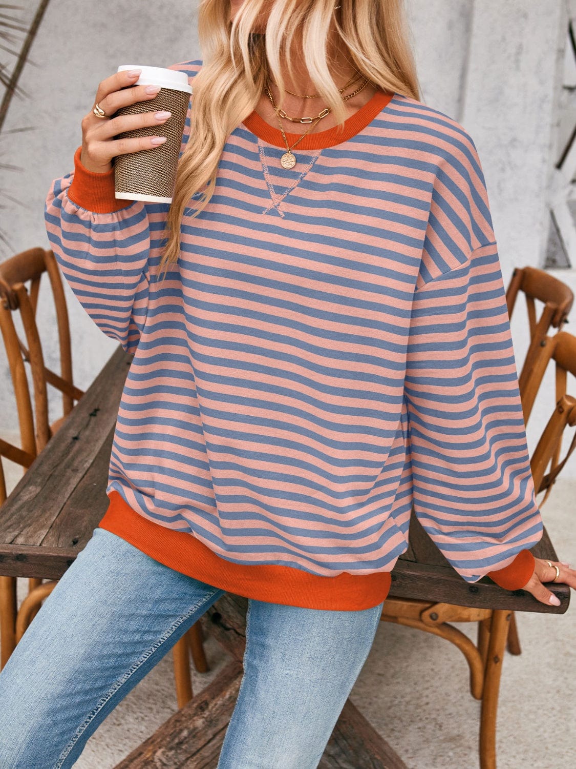 Trendsi Fall Terracotta / S Contrast Striped Long Sleeve Sweatshirt Contrast Striped Long Sleeve Sweatshirt