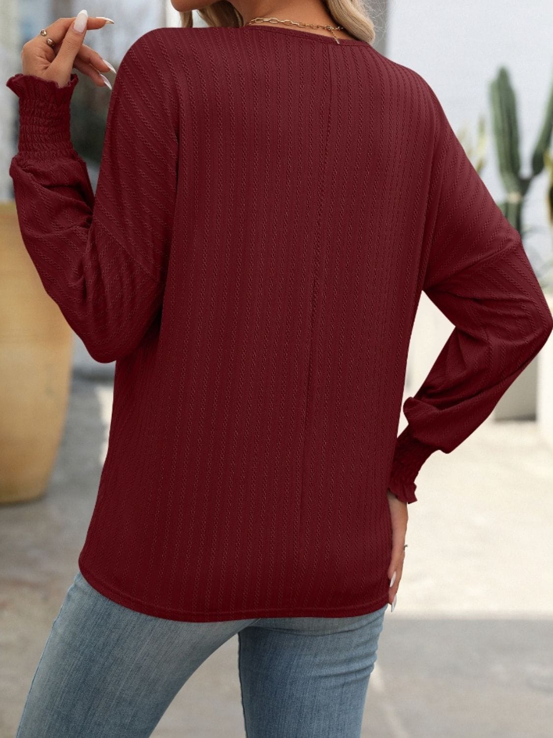 Trendsi Fall Textured Notched Lantern Sleeve T-Shirt Textured Notched Lantern Sleeve T-Shirt