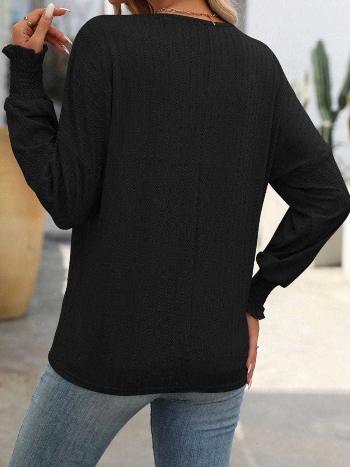 Trendsi Fall Textured Notched Lantern Sleeve T-Shirt Textured Notched Lantern Sleeve T-Shirt