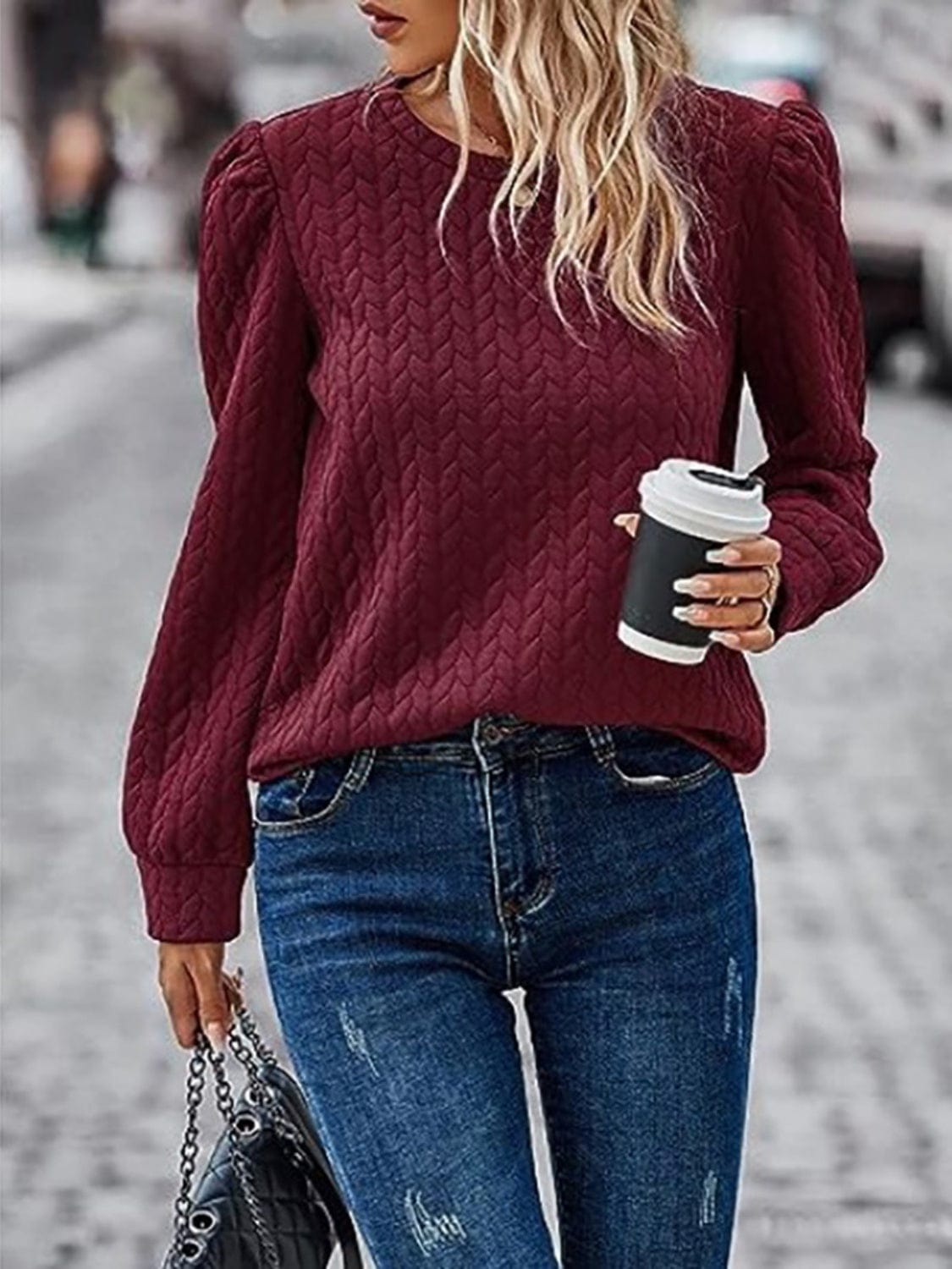 Trendsi Fall Textured Round Neck Long Sleeve Sweatshirt Textured Round Neck Long Sleeve Sweatshirt