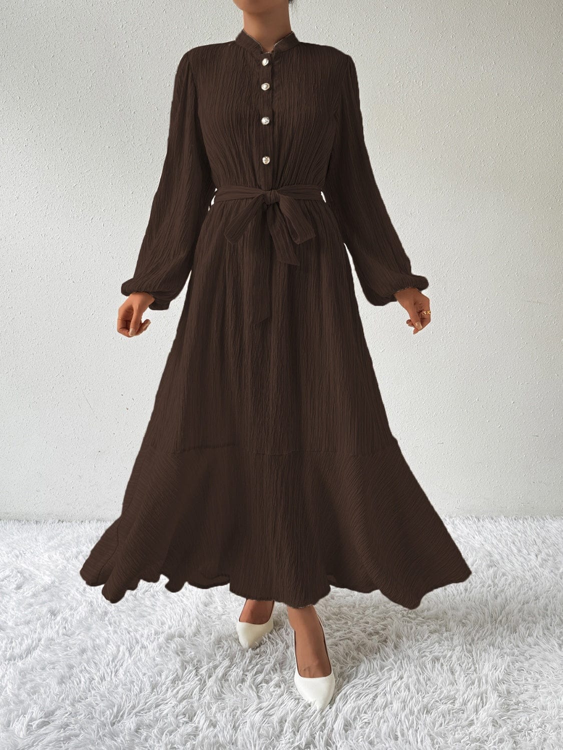 Trendsi Fall Tie Waist Long Sleeve Dress Tie Waist Long Sleeve Dress