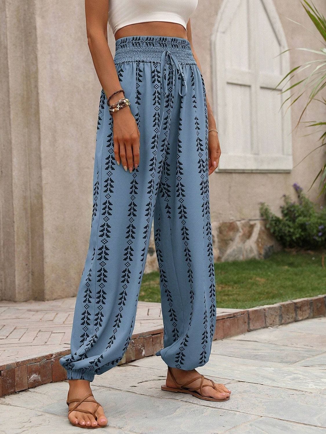 Trendsi Fall Tied Printed High Waist Pants Tied Printed High Waist Pants