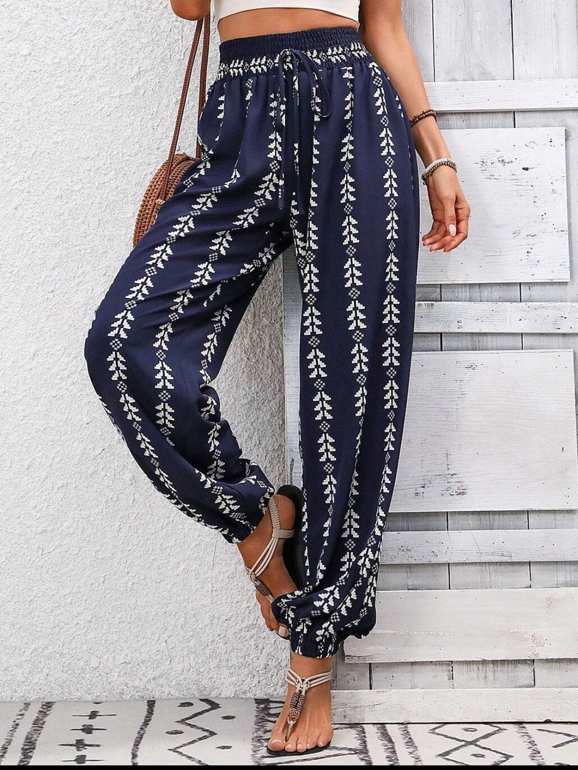 Trendsi Fall Tied Printed High Waist Pants Tied Printed High Waist Pants