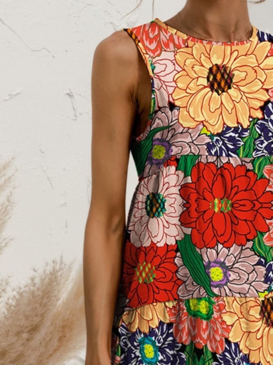 Trendsi Fall Tiered Printed Round Neck Sleeveless Dress Tiered Printed Round Neck Sleeveless Dress