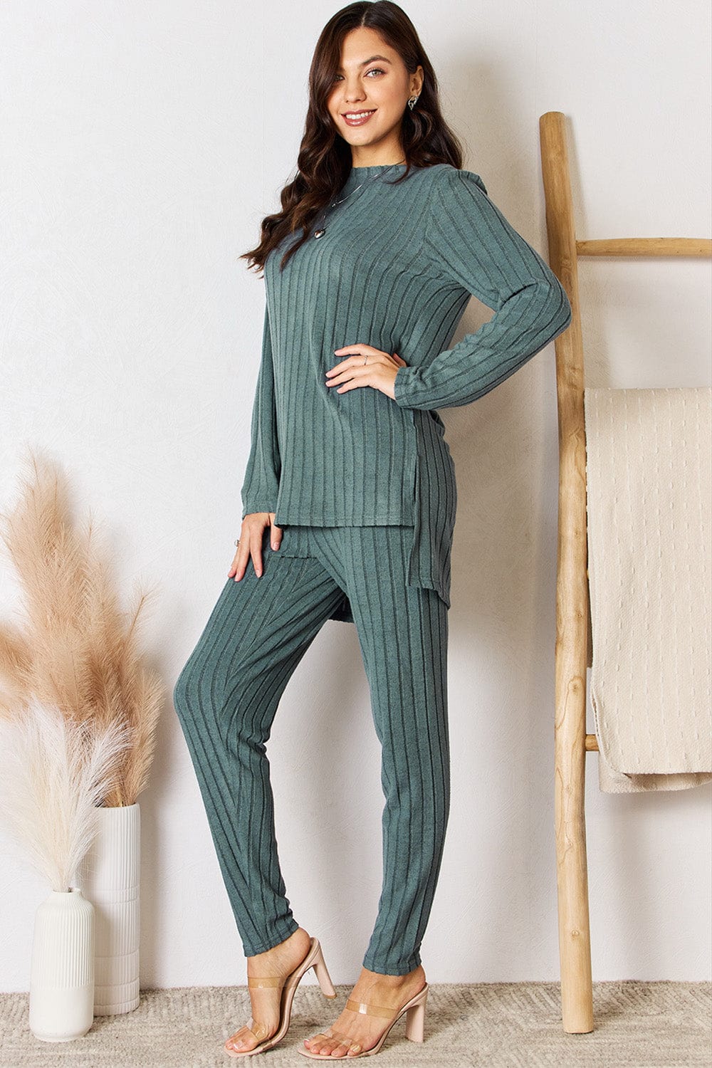 Trendsi Fall Turquoise / S Basic Bae Full Size Ribbed Round Neck High-Low Slit Top and Pants Set Basic Bae Full Size Ribbed Round Neck High-Low Slit Top and Pants Set