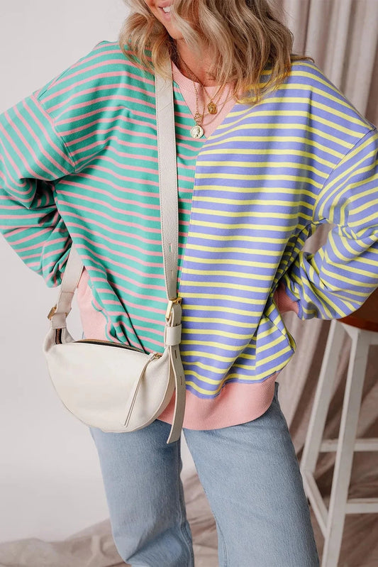 Trendsi Fall Turquoise / S Contrast Stripes Round Neck Long Sleeve Sweatshirt Contrast Stripes Round Neck Long Sleeve Sweatshirt