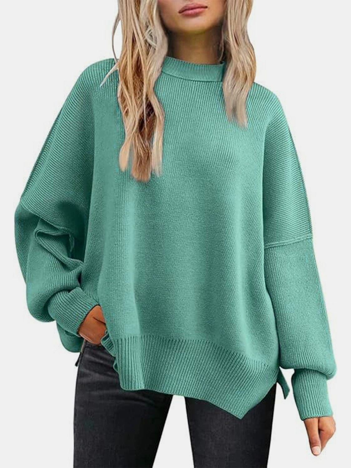 Trendsi Fall Turquoise / S Round Neck Drop Shoulder Slit Sweater Round Neck Drop Shoulder Slit Sweater