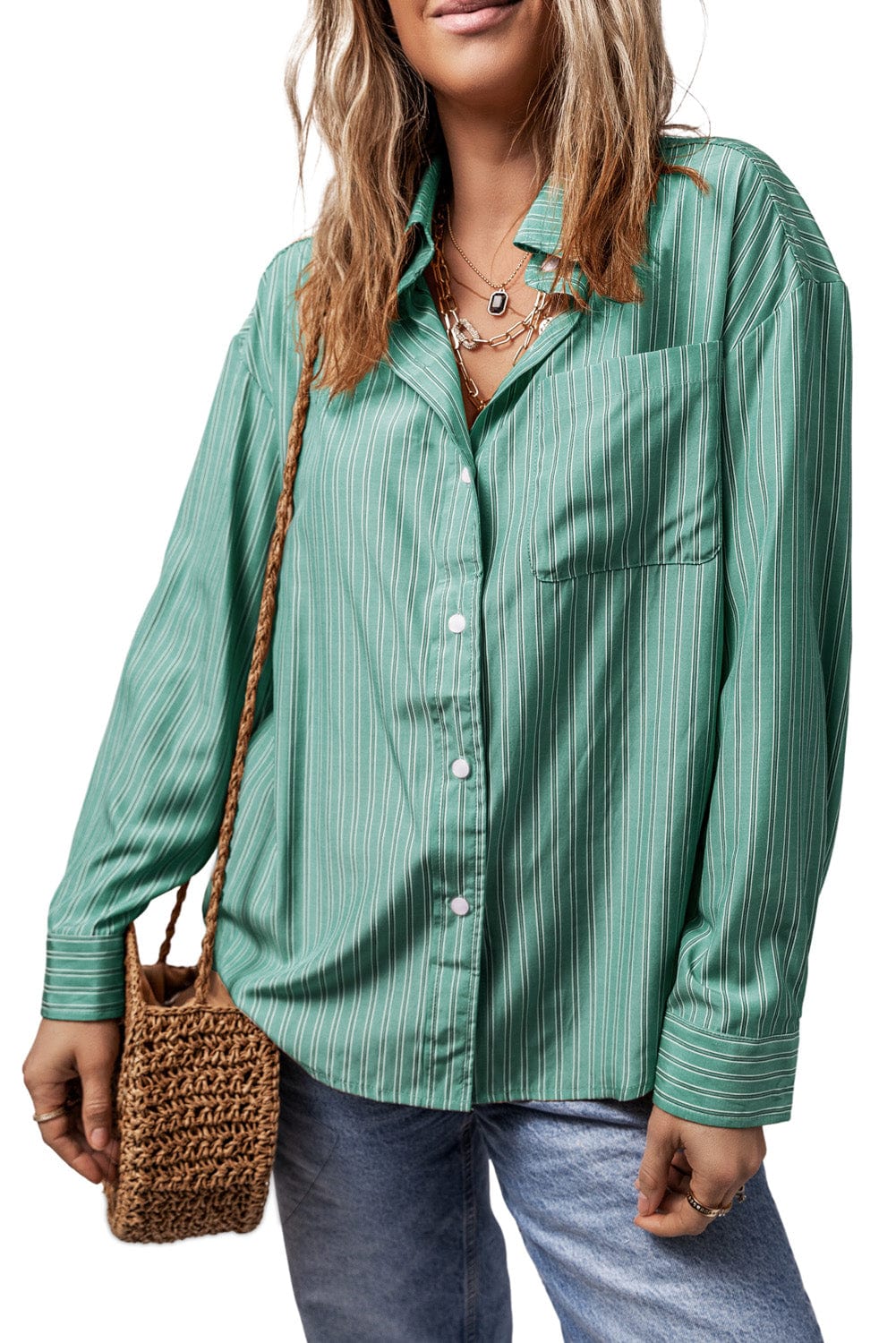 Trendsi Fall Turquoise / S Striped Button Up Long Sleeve Shirt Striped Button Up Long Sleeve Shirt