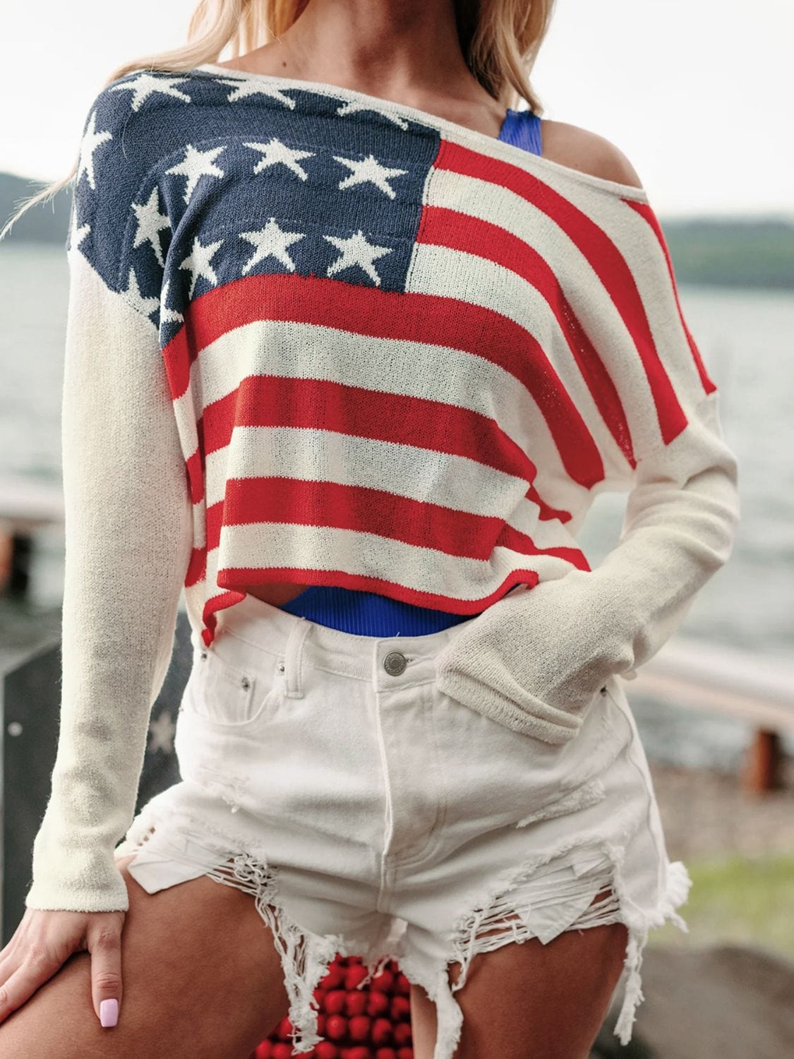 Trendsi Fall US Flag Boat Neck Long Sleeve Knit Top US Flag Boat Neck Long Sleeve Knit Top