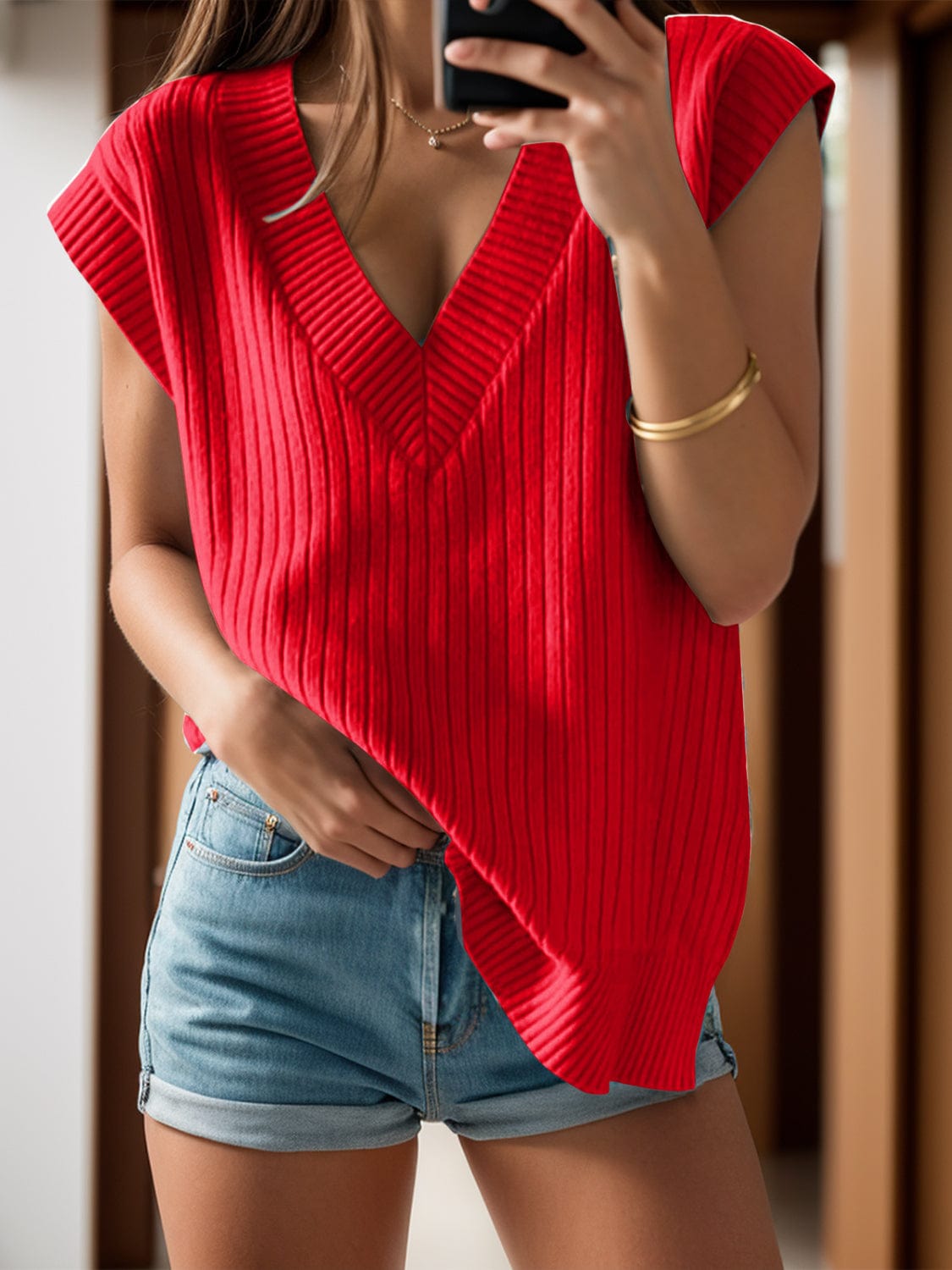 Trendsi Fall V-Neck Cap Sleeve Knit Vest V-Neck Cap Sleeve Knit Vest