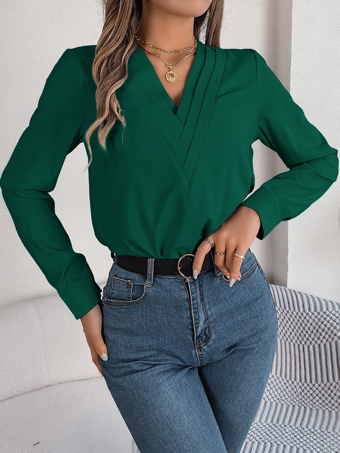 Trendsi Fall V-Neck Long Sleeve Blouse V-Neck Long Sleeve Blouse