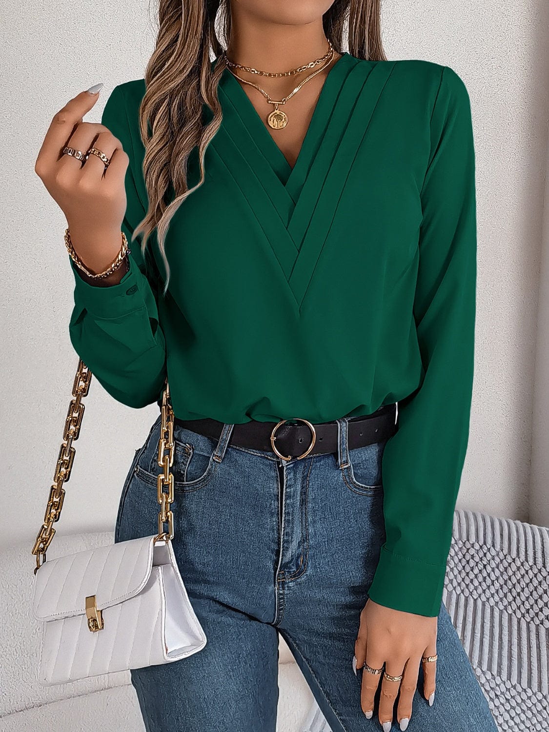 Trendsi Fall V-Neck Long Sleeve Blouse V-Neck Long Sleeve Blouse