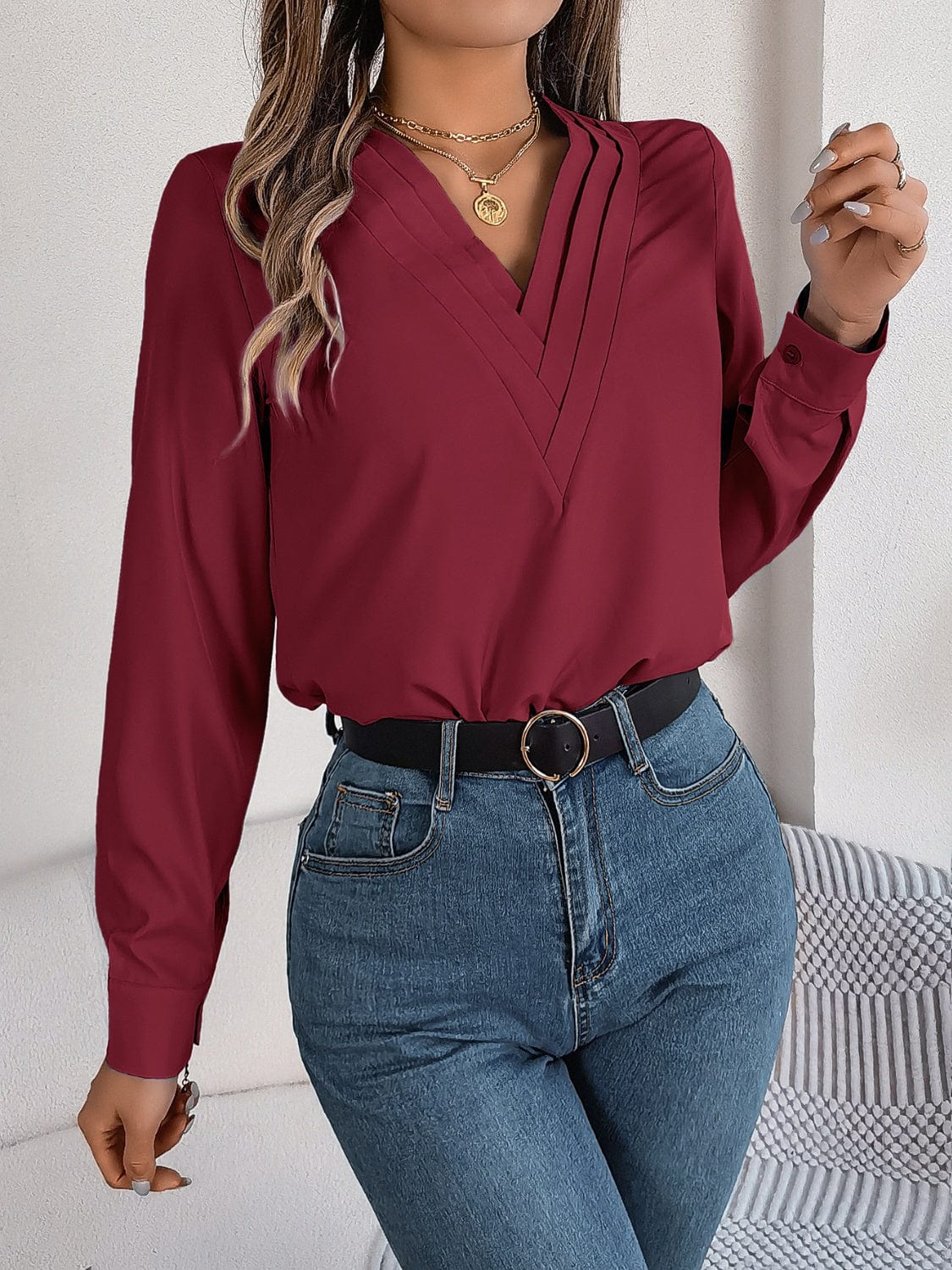 Trendsi Fall V-Neck Long Sleeve Blouse V-Neck Long Sleeve Blouse