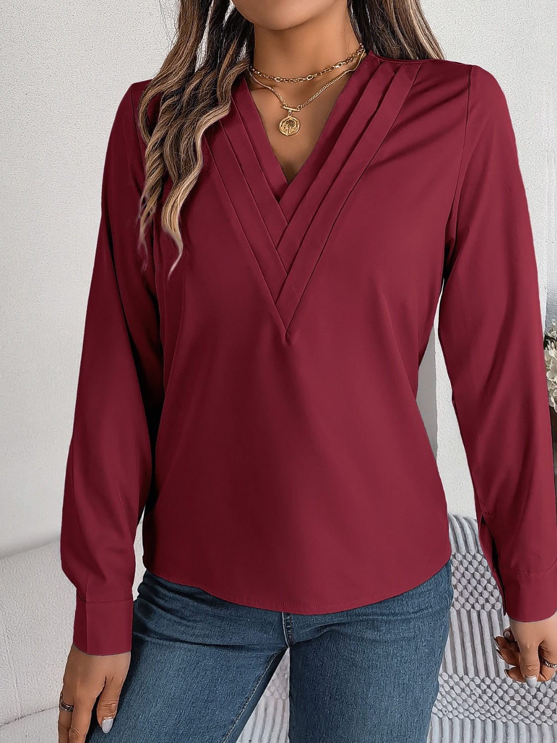 Trendsi Fall V-Neck Long Sleeve Blouse V-Neck Long Sleeve Blouse