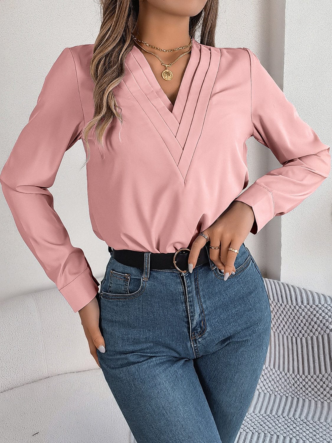 Trendsi Fall V-Neck Long Sleeve Blouse V-Neck Long Sleeve Blouse