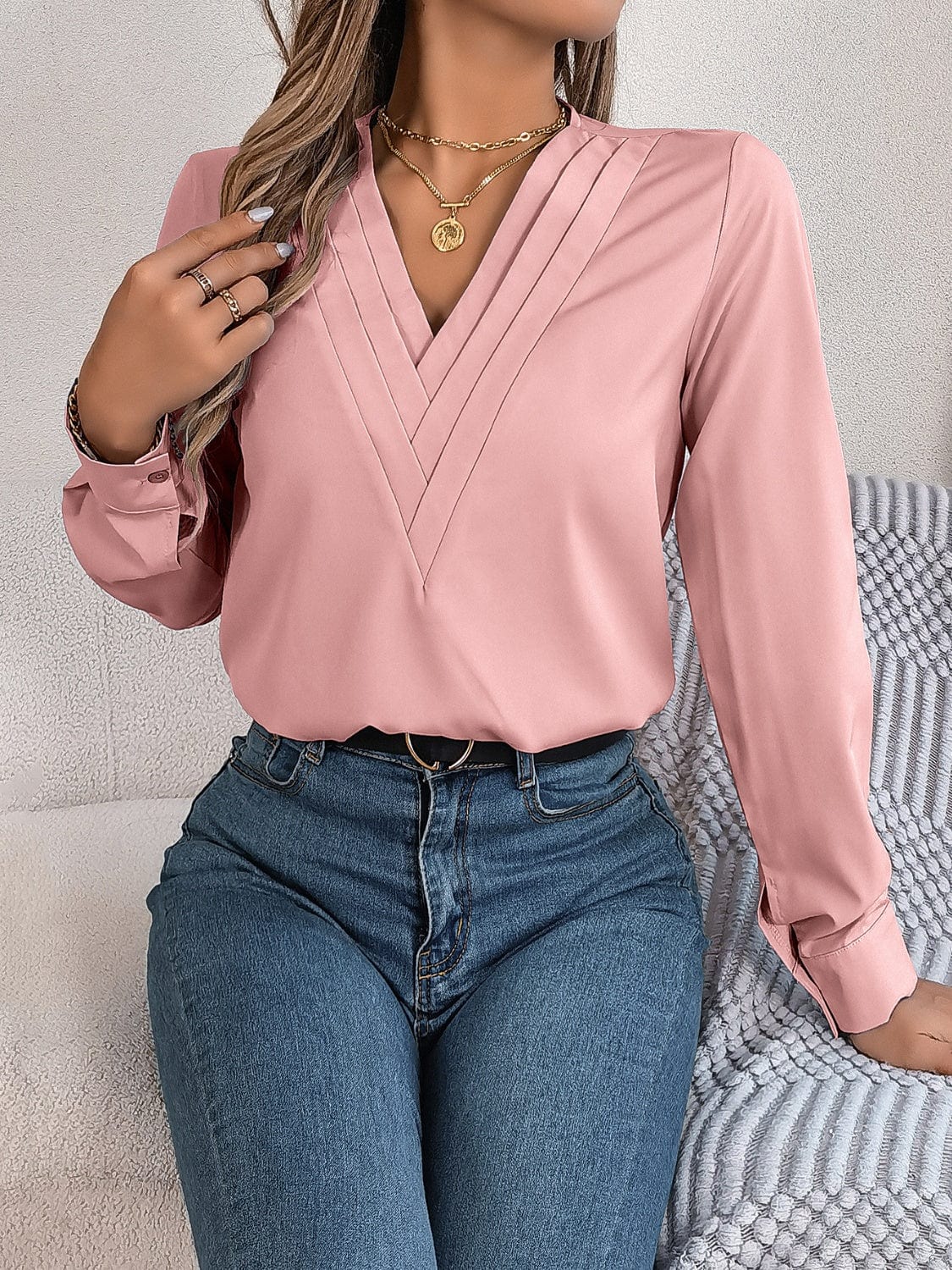 Trendsi Fall V-Neck Long Sleeve Blouse V-Neck Long Sleeve Blouse
