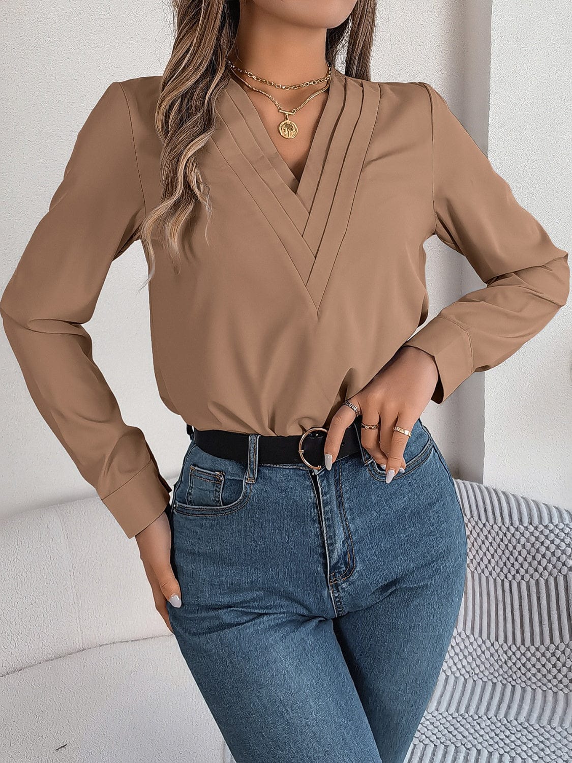 Trendsi Fall V-Neck Long Sleeve Blouse V-Neck Long Sleeve Blouse