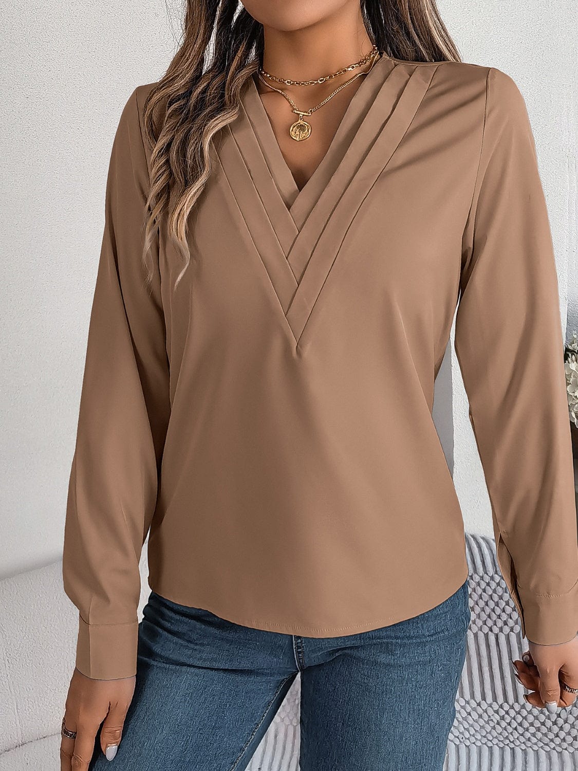 Trendsi Fall V-Neck Long Sleeve Blouse V-Neck Long Sleeve Blouse