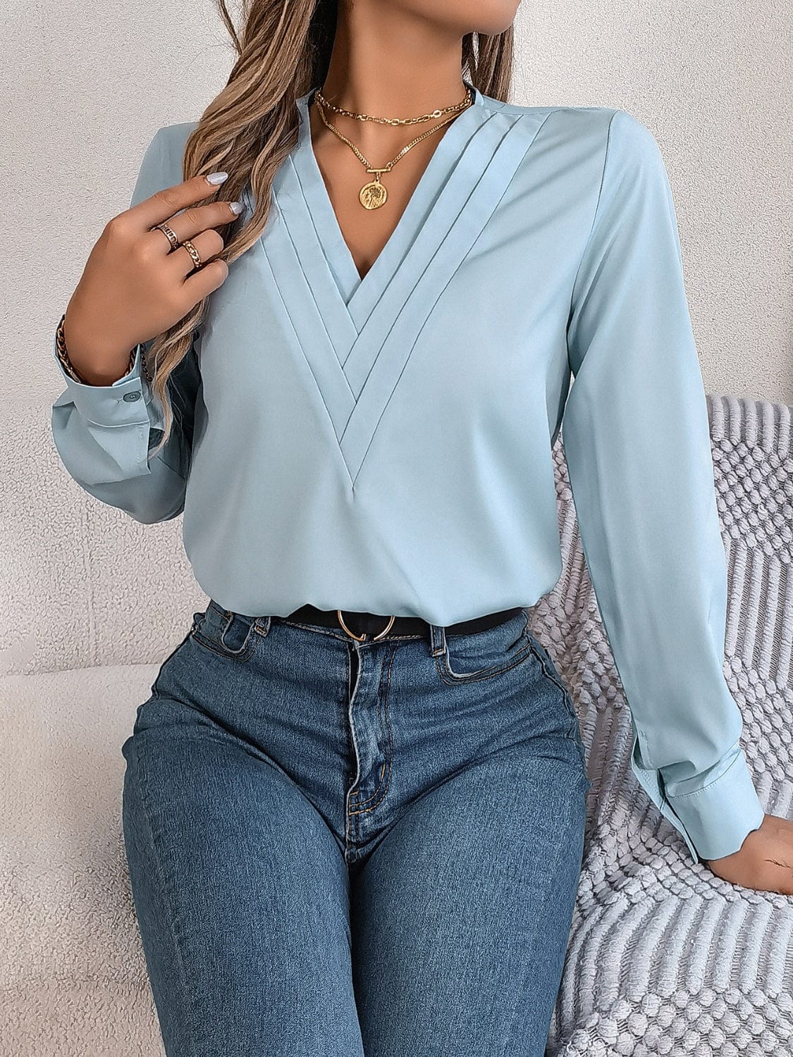 Trendsi Fall V-Neck Long Sleeve Blouse V-Neck Long Sleeve Blouse