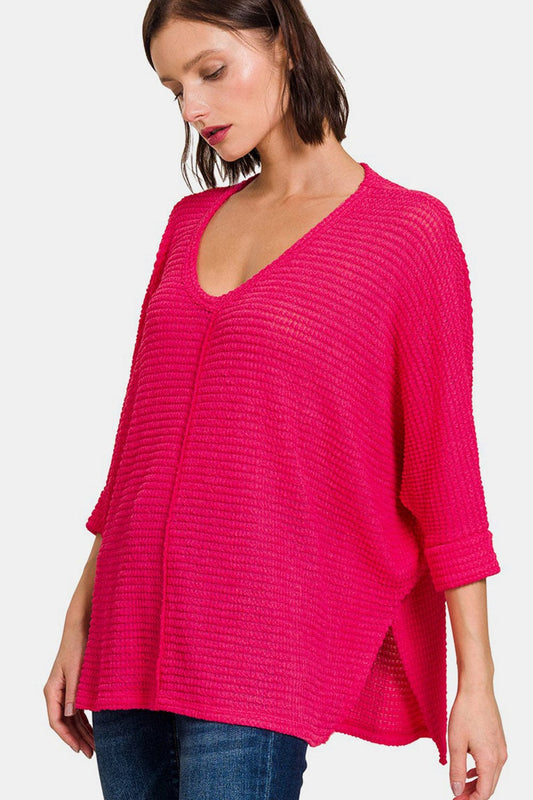 Trendsi Fall Viva Magenta / S/M Zenana V-Neck High-Low Jacquard Knit Top Zenana V-Neck High-Low Jacquard Knit Top