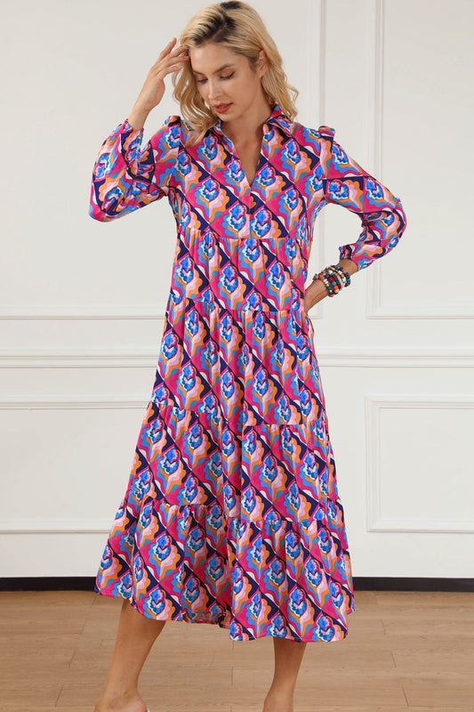 Trendsi Fall Vivid Violet / S Printed Collared Neck Long Sleeve Midi Dress Printed Collared Neck Long Sleeve Midi Dress