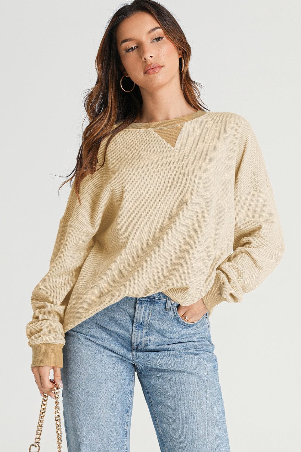 Trendsi Fall Waffle-Knit Long Sleeve Sweatshirt Waffle-Knit Long Sleeve Sweatshirt