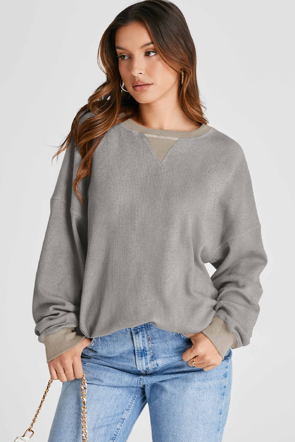 Trendsi Fall Waffle-Knit Long Sleeve Sweatshirt Waffle-Knit Long Sleeve Sweatshirt